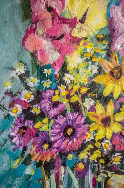 Gele Paarse Herfstbloemen Een Turquoise Achtergrond Fragment Van Acrylverf — Stockfoto