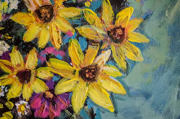 Flores Outono Amarelas Roxas Fundo Turquesa Fragmento Pintura Acrílica — Fotografia de Stock