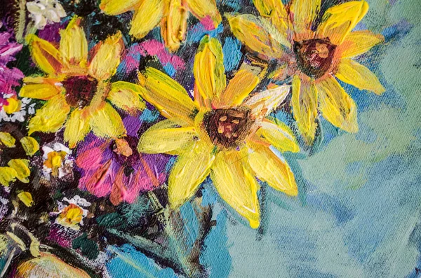 Κίτρινα Και Μοβ Φθινοπωρινά Λουλούδια Τυρκουάζ Φόντο Ακρυλικό Τμήμα Ζωγραφικής — Φωτογραφία Αρχείου