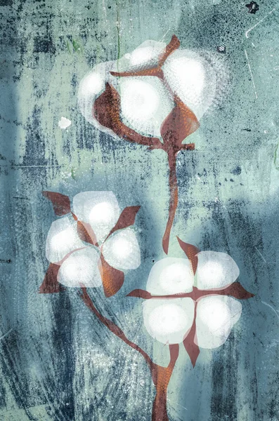 Fleurs Texturées Coton Sur Fond Grunge Turquoise Illustration Symbole Victoire — Photo