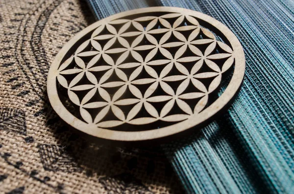 Wooden Flower Life Background Hemp Tablecloth Ornament Photo Sacred Geometry — Stock Photo, Image