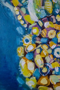 El çizimi akrilik resim. Soyut sanat geçmişi. Tuval üzerinde akrilik bir tablo. Renk dokusu. Fırça darbeleri. Modern sanat. Çağdaş sanat. Renkli tuval. Kapat..