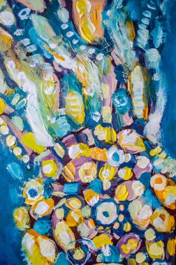 El çizimi akrilik resim. Soyut sanat geçmişi. Tuval üzerinde akrilik bir tablo. Renk dokusu. Fırça darbeleri. Modern sanat. Çağdaş sanat. Renkli tuval. Kapat..