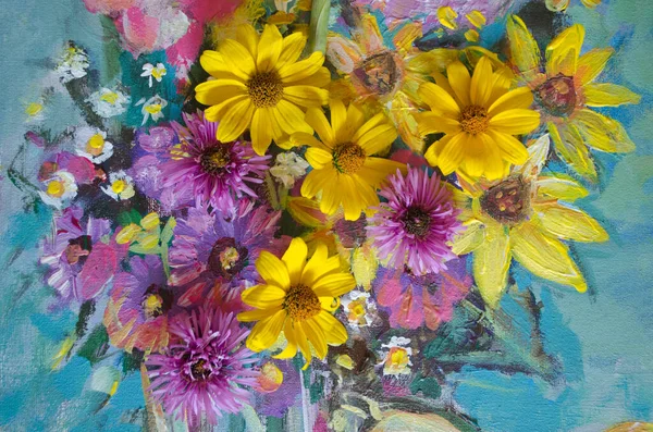 Flores Outono Amarelas Roxas Fundo Turquesa Fragmento Pintura Acrílica Com — Fotografia de Stock