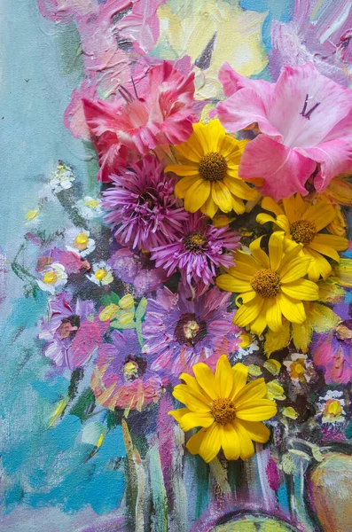 Κίτρινα Και Μοβ Φθινοπωρινά Λουλούδια Τυρκουάζ Φόντο Ακρυλικό Θραύσμα Ζωγραφικής — Φωτογραφία Αρχείου