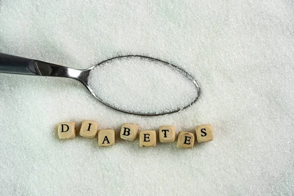 Word Diabetes Spoon Full Sugar — Stock Photo, Image