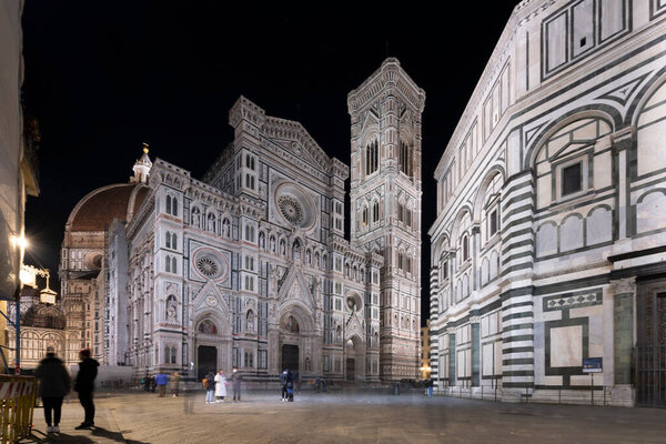 Florence, Italy. January 2022. Night view of the basilica of Santa Maria del Fiore in the city center