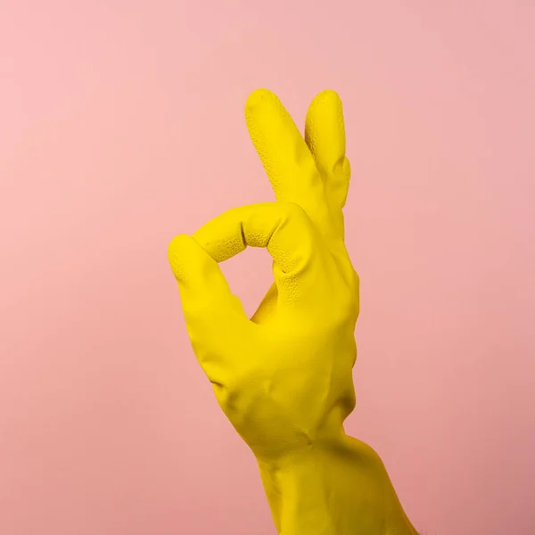 Gesture Made Hand Wearing Yellow Rubber Glove — Stock Photo, Image