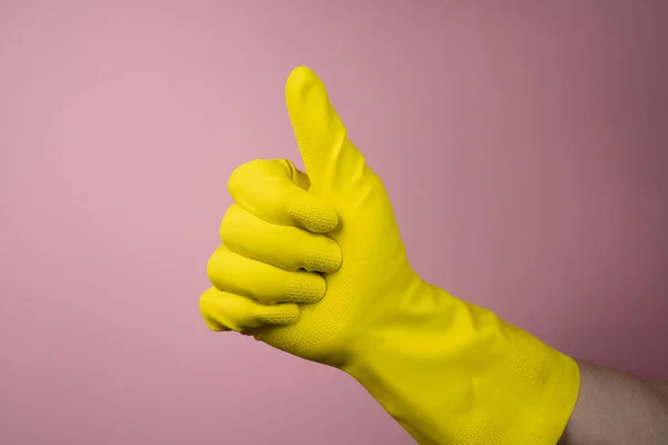 Gesture Made Hand Wearing Yellow Rubber Glove — Stock Photo, Image