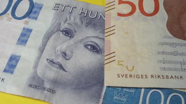 Wizerunek Niektórych Znanych Szwedów Szwedzkich Banknotach Koronowych — Wideo stockowe