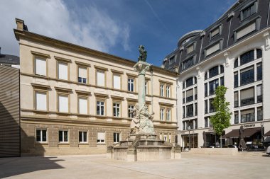 Luxembourg city, May 2022. A view of Dicks and Leintz monument in Jan Palach square in the city cente