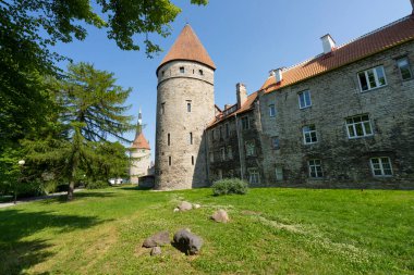 Tallinn, Estonya. Temmuz 2022 Loewenschede şehir merkezindeki ortaçağ kulesinin görüntüsü