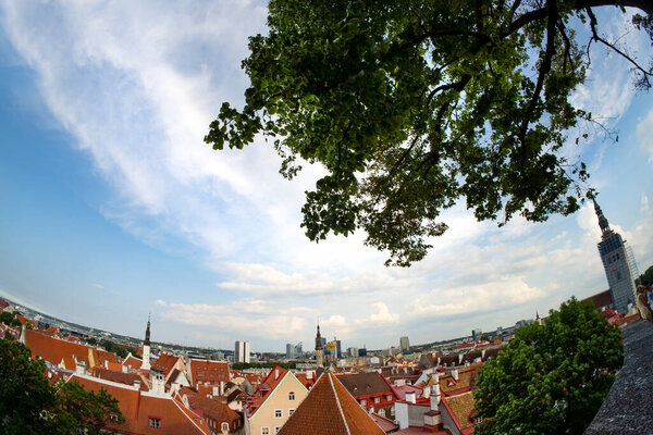 Tallinn, Estonia. July 2022. the fish eye panoramic view of the city from the Kohtuotsa viewing platform in the city center