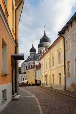 Tallinn, Estonia. July 2022.  The domes of the Alexander Nevsky Cathedral among the houses in the historic center of the city