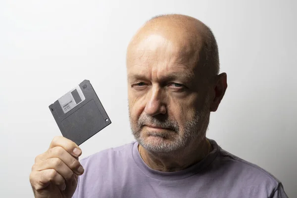 Man Old Floppy Disk His Hand — 스톡 사진