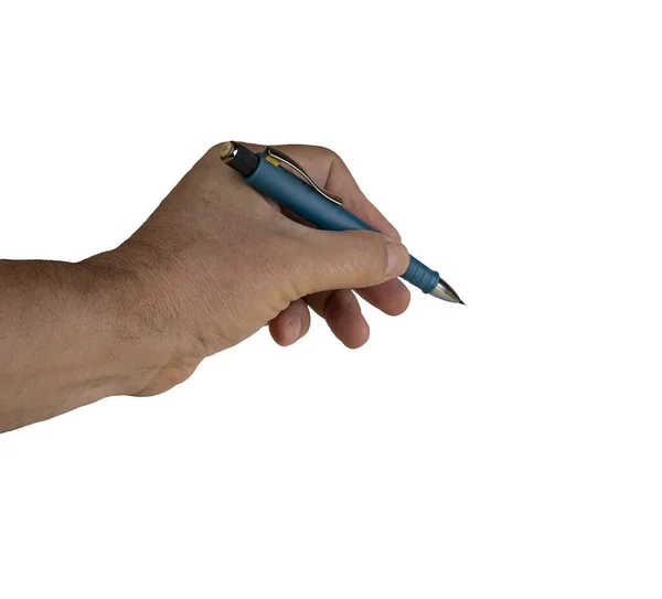 a male hand with a pencil on a white background