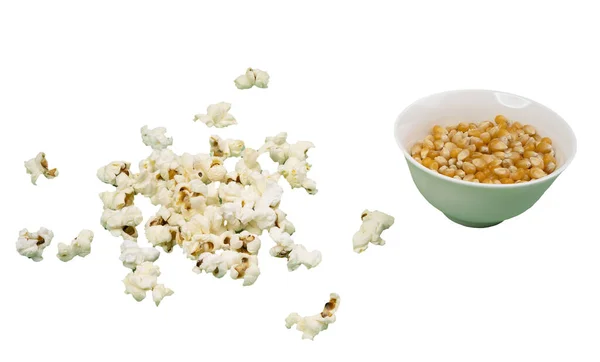 Popcorn Gekocht Und Körnern Auf Einer Weißen Oberfläche — Stockfoto