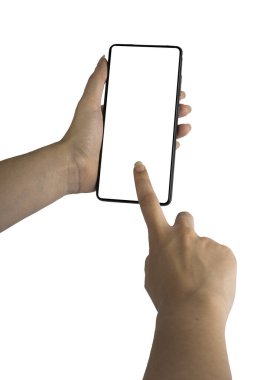 Beyaz arka planda kadın elinde bir cep telefonu.