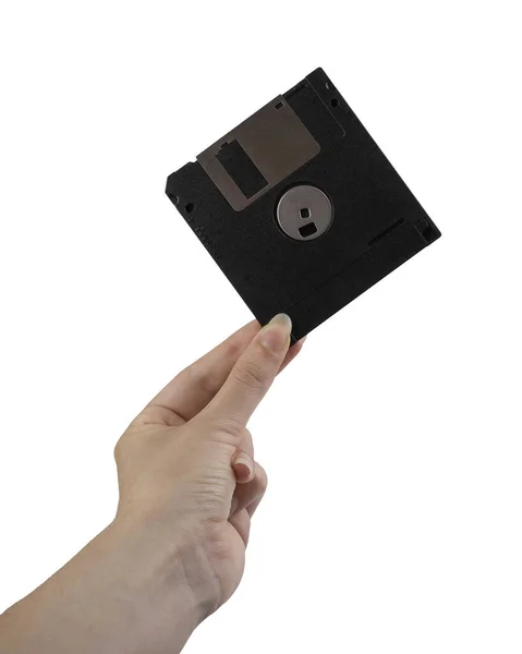 Egy Régi Floppy Lemez Női Kézben Fehér Alapon — Stock Fotó