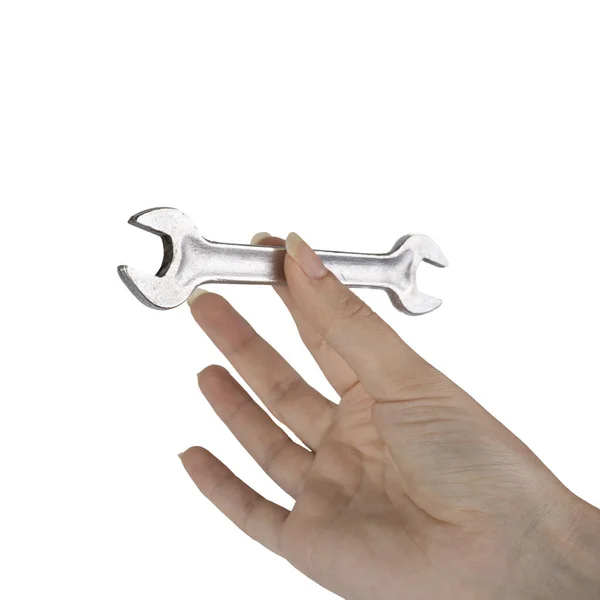 Skiftnyckel Kvinnlig Hand Vit Bakgrund — Stockfoto