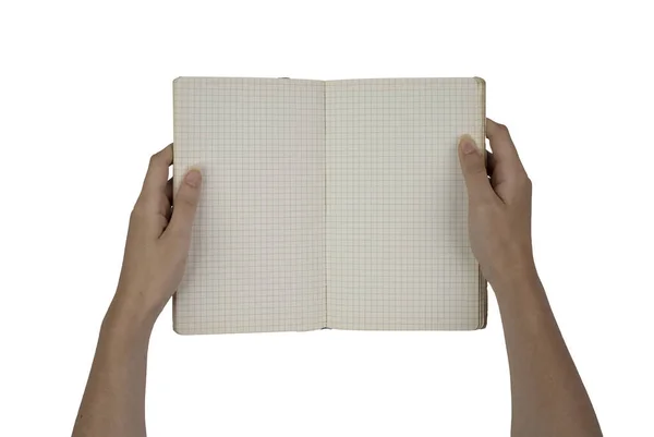 Ένα Κενό Τετράγωνο Σημειωματάριο Γυναικεία Χέρια Λευκό Φόντο — Φωτογραφία Αρχείου
