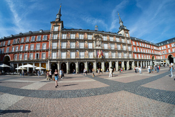 Madrid, Spain, September 2022.  panoramic view of the Plaza Major in the city center