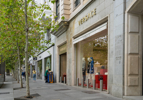 Madrid, Spain, September 2022. view of the Versace fashion brand sign out of the store in the city center