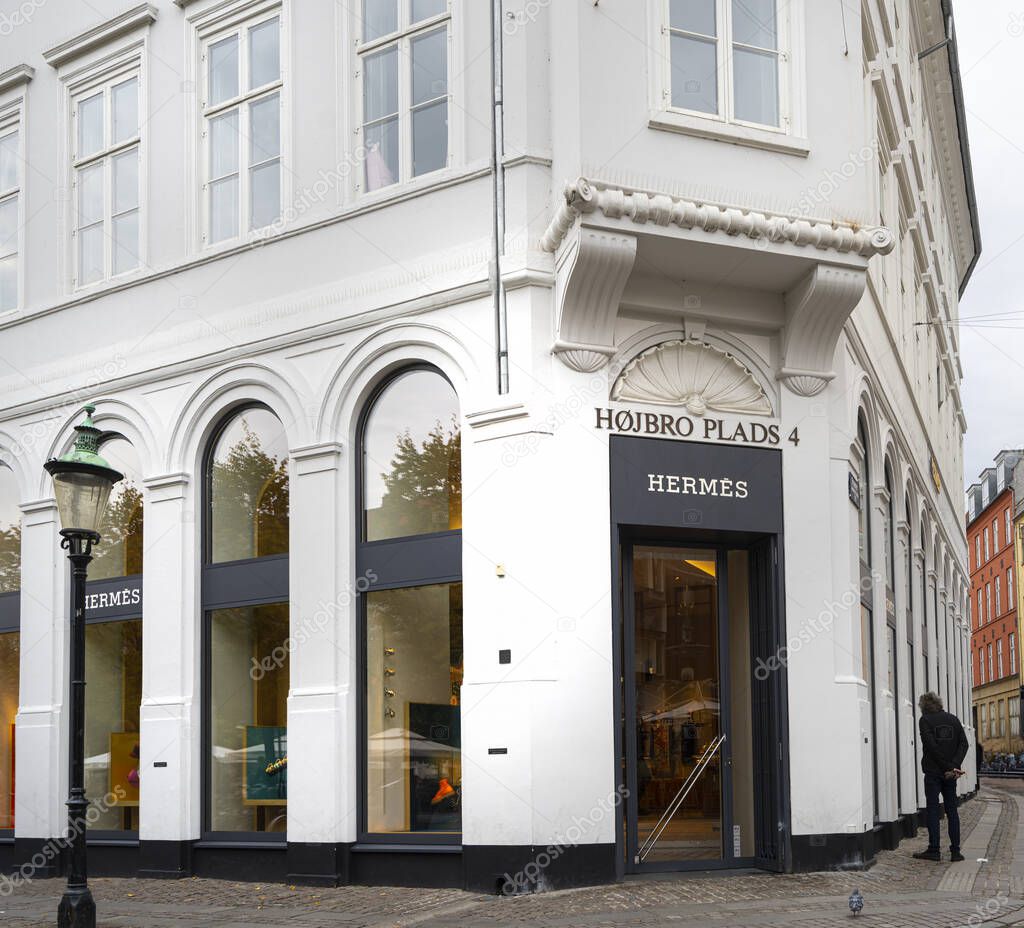 Copenhagen, Denmark. October 2022. External view of the Hermes brand store in the city center