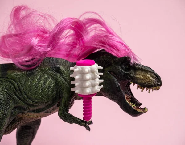 Δεινόσαυρος Μακριά Σγουρά Ροζ Μαλλιά Κρατάει Χτένα Σαλόνι Ομορφιάς Χιούμορ — Φωτογραφία Αρχείου