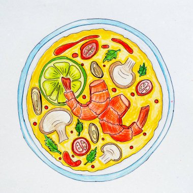 Tom Yum Thai baharatlı çorbası. Yemek posteri. Mavi desenli kağıda renkli kalemlerle çizilmiş çizim.