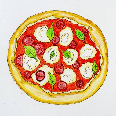 Pizza Margarita üstü. Yemek posteri. Mavi desenli kağıda renkli kalemlerle çizilmiş çizim.