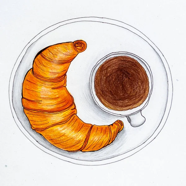 Café Croissant Vista Superior Cartaz Comida Desenho Desenhado Com Lápis — Fotografia de Stock