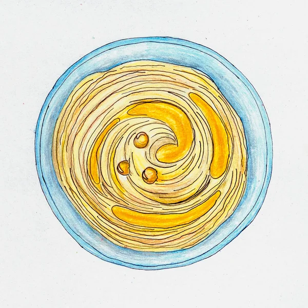 Hummus top view. Food poster. Sketch drawn with colored pencils on blue textured paper.