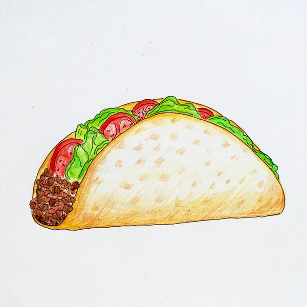 Tacos Plakát Jídlem Skica Nakreslená Barevnými Tužkami Modrém Texturovaném Papíru — Stock fotografie