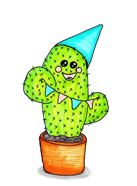 Hand Drawn Sketch Cute Cactus Wearing Party Hat Holding Paper — Stock Photo, Image