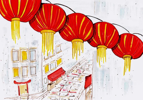 Dibujo Dibujado Mano Las Linternas Rojas Cuelgan Sobre Una Calle — Foto de Stock