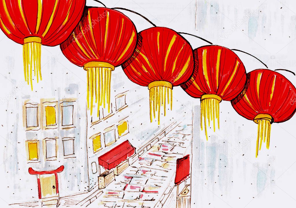 Hand drawn sketch.Red lanterns hang over a street in Asia.