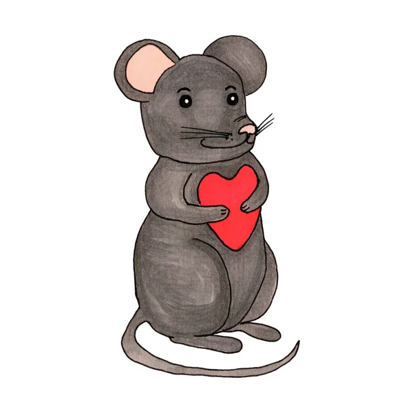 Cute Gray Mouse Holding Heart Hand Drawn Sketch Isolated White — Stock Photo, Image