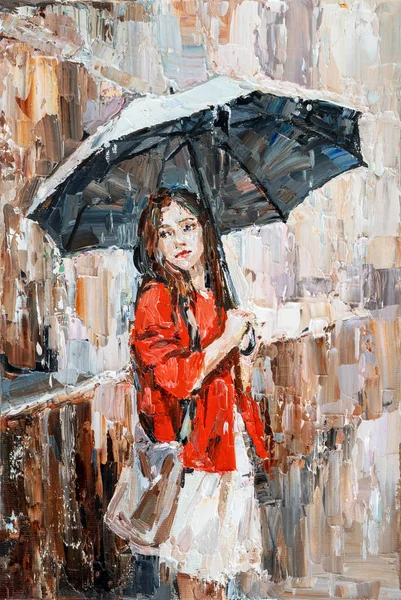 .Girl in the rain with an umbrella in her hands. — Stock Photo, Image