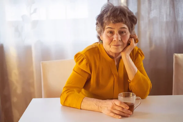 A portrait of a laughing, smiling elderly woman with gray hair and wrinkles on her face, but young at heart and leading an active lifestyle. Happy pensioner is pretty posing in her cozy home.