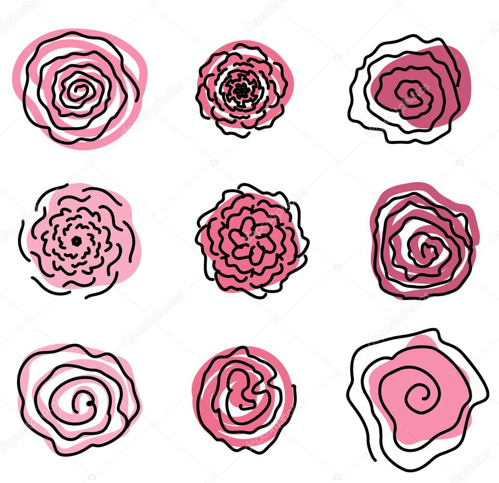 Set of pink flowers, buds. The vector with roses in a linear style with abstract spots on an emerald background. Floral background with roses. Beautiful rosebuds for decoration.