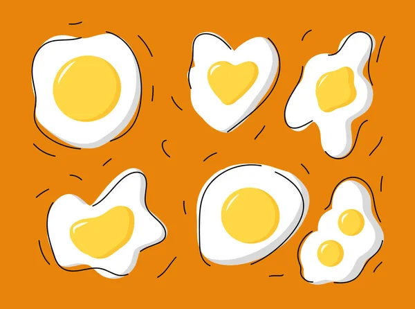 Zestaw smażonych jaj, kolekcja jajek na miękko. Pyszne i zdrowe śniadanie jajek. Koncepcja prawidłowego i zdrowego odżywiania. Ilustracje wektorowe w kreskówkowym stylu płaskim. — Wektor stockowy