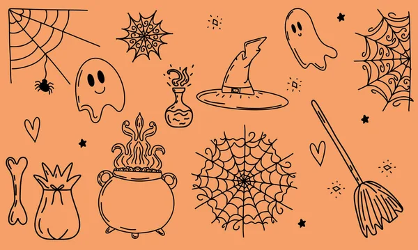 En samling av fruktansvärda spindelväv för Halloween design och dekoration. Dekoration för firandet av Halloween. Vektor, enkel och platt illustration i doodle stil. Söt spindelväv med mönster. — Stock vektor