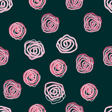Bir çift pembe çiçek, tomurcuklar. Vektör deseni, zümrüt zemin üzerinde soyut lekeler olan doğrusal bir tarzda güllerle pürüzsüzdür. Güllü çiçek arkaplanı. Çok güzel. Vektör illüstrasyonu