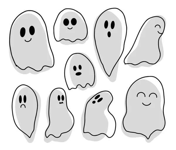 Conjunto de Silhuetas Fantasmas de Halloween, Coleção para decoração de férias. Ilustração vetorial sobre fundo branco isolado. Estilo Doodle e Ilustrações Lineares, manchas de cor vetorial. — Vetor de Stock