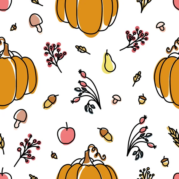 Acogedor hogar otoño naturaleza muerta con calabaza, hojas y ramas de bayas en el estilo de líneas y manchas de colores. Elementos decorativos para el diseño de postales, invitaciones y más. Vector — Vector de stock