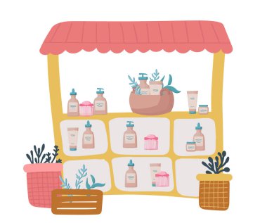 Yerel bir markette eko-kozmetik ürünleri satışı için vitrin tezgahı. El, vücut ve yüz için kozmetik ürünleri olan kavanozlar, eko-kızlar için kozmetik konsepti. Düz vektör illüstrasyonu.