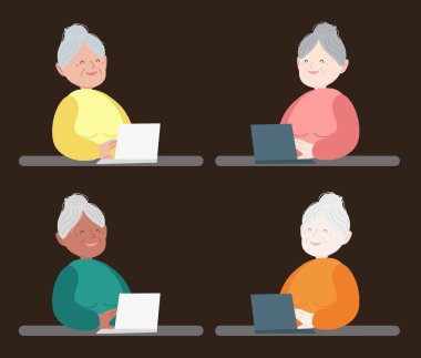 Bilgisayarlı mutlu büyükanne masada oturuyor ve gülüyor. Vektör çizimi. Yaşlılara alet kullanmayı öğretmek..