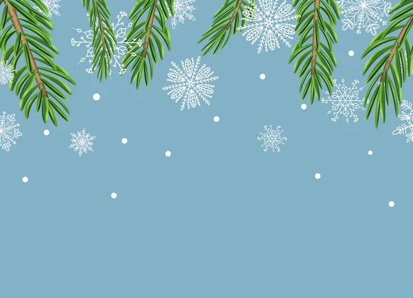 Gyönyörű háttér fehér hópelyhek és fenyő ágak téli design. Karácsonyi Újévi elemek gyűjteménye. Kristályhópelyhek fagyott sziluettjei. Modern dizájn. Ünnepi tapéta. — Stock Vector