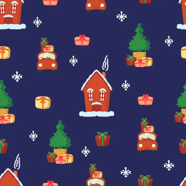 Hermoso fondo con copos de nieve blancos y elementos navideños para el diseño de invierno. Colección de elementos de Navidad Año Nuevo. Un coche y una casa con regalos. Diseño moderno. Fondo de pantalla de vacaciones. — Vector de stock